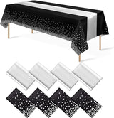 8Pack Disposable Plastic Tablecloths and Satin Table Runner Set Black