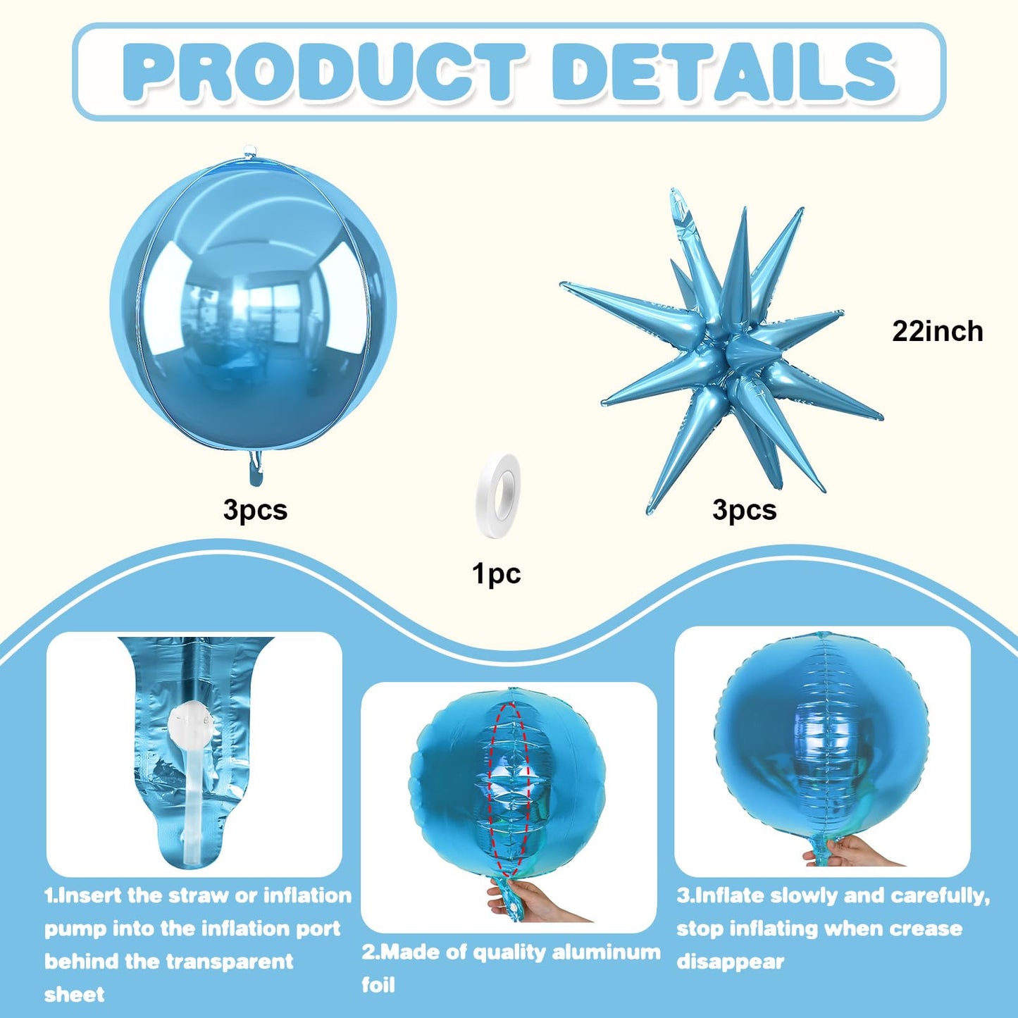 6Pcs Blue Foil Balloons,22Inch Light Blue 4D Round Ball Balloon and