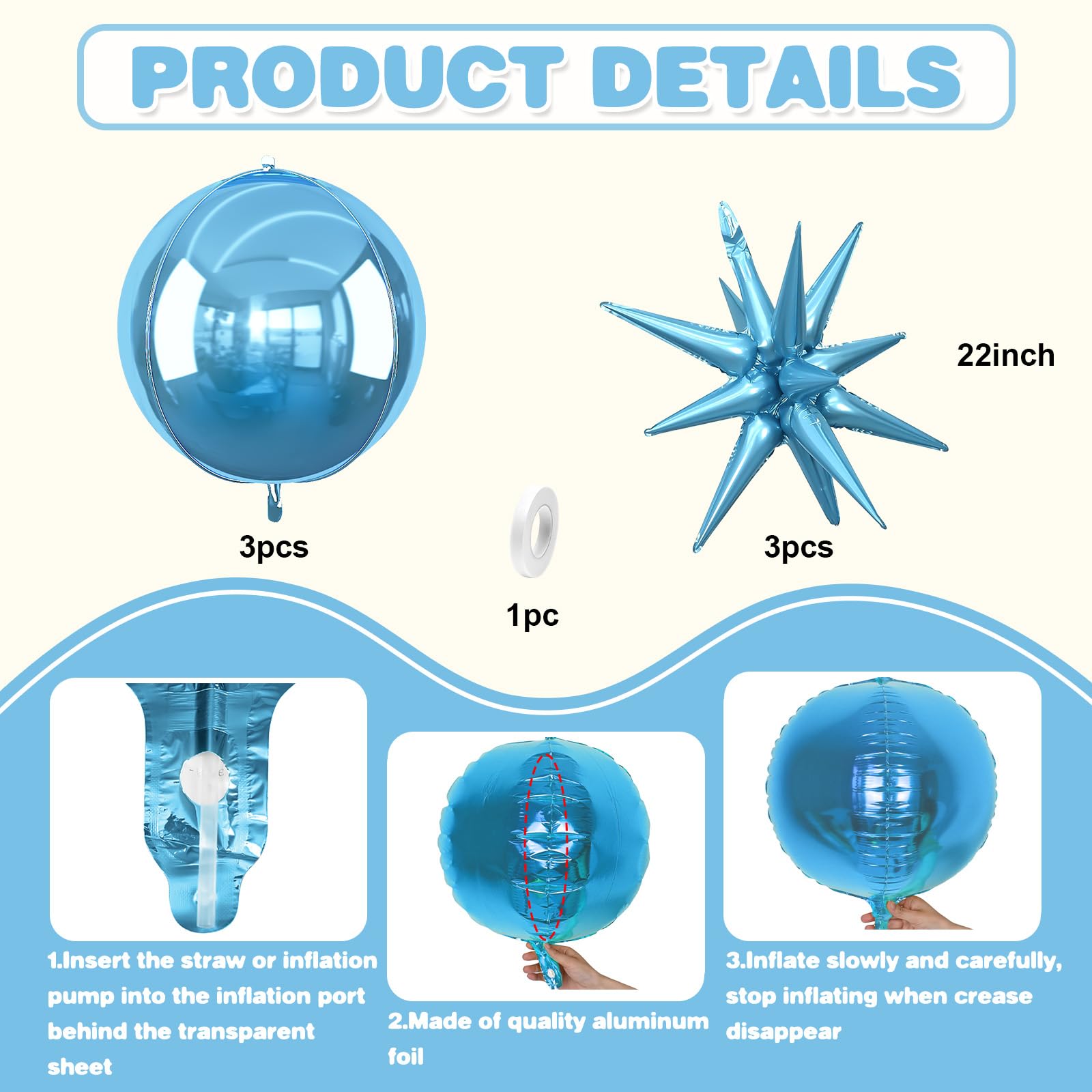 6Pcs Blue Foil Balloons,22Inch Light Blue 4D Round Ball Balloon and