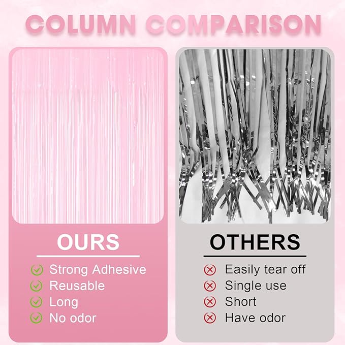 Voircoloria 3 Pack 3.3 x 8.2 ft Pasel Pink Foil Fringe Backdrop