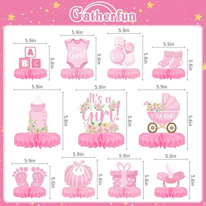 Girl Baby Shower Decorations Set - Kit with Pink Honeycomb