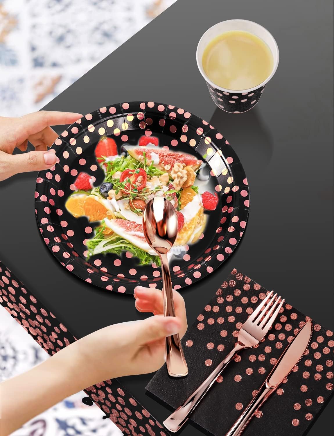 Nkaiso 141 Pieces Black and Rose Gold Party Supplies, Disposable Party