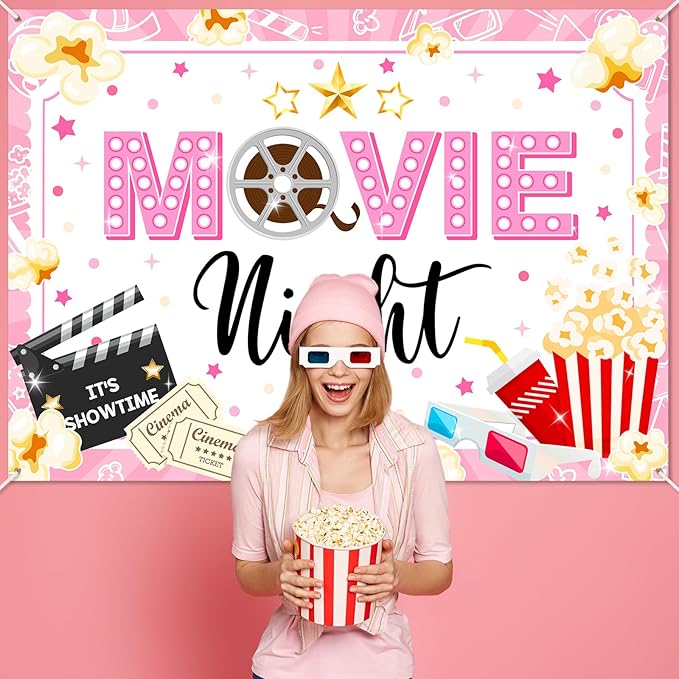Movie Night Backdrop for Girls Pink Movie Theme