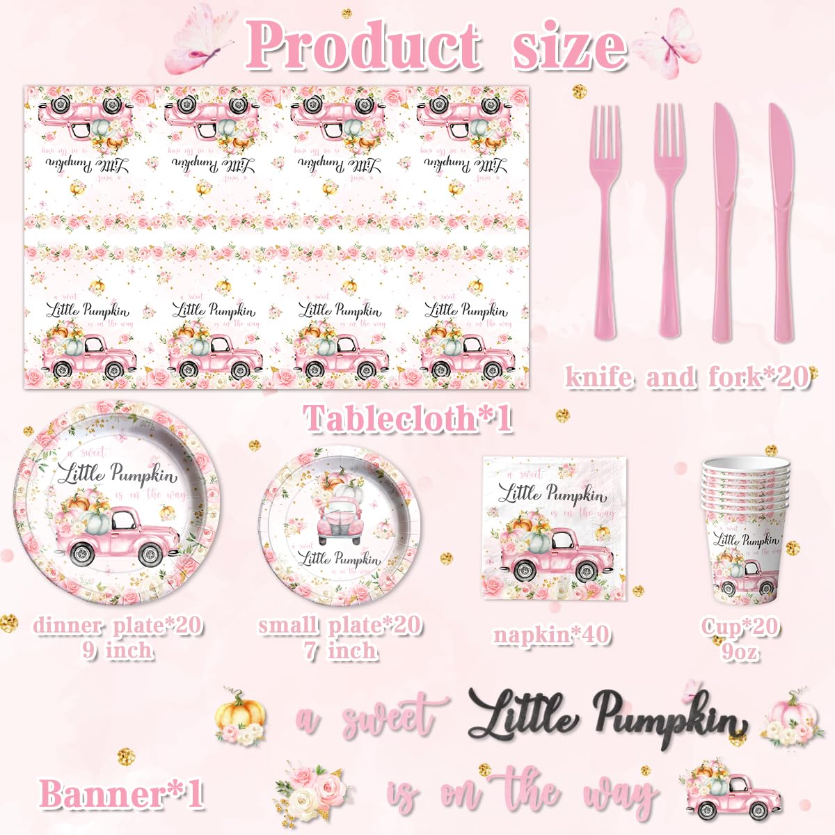 Little Pumpkin Baby Shower Party Decorations Tableware,142Pcs A Sweet