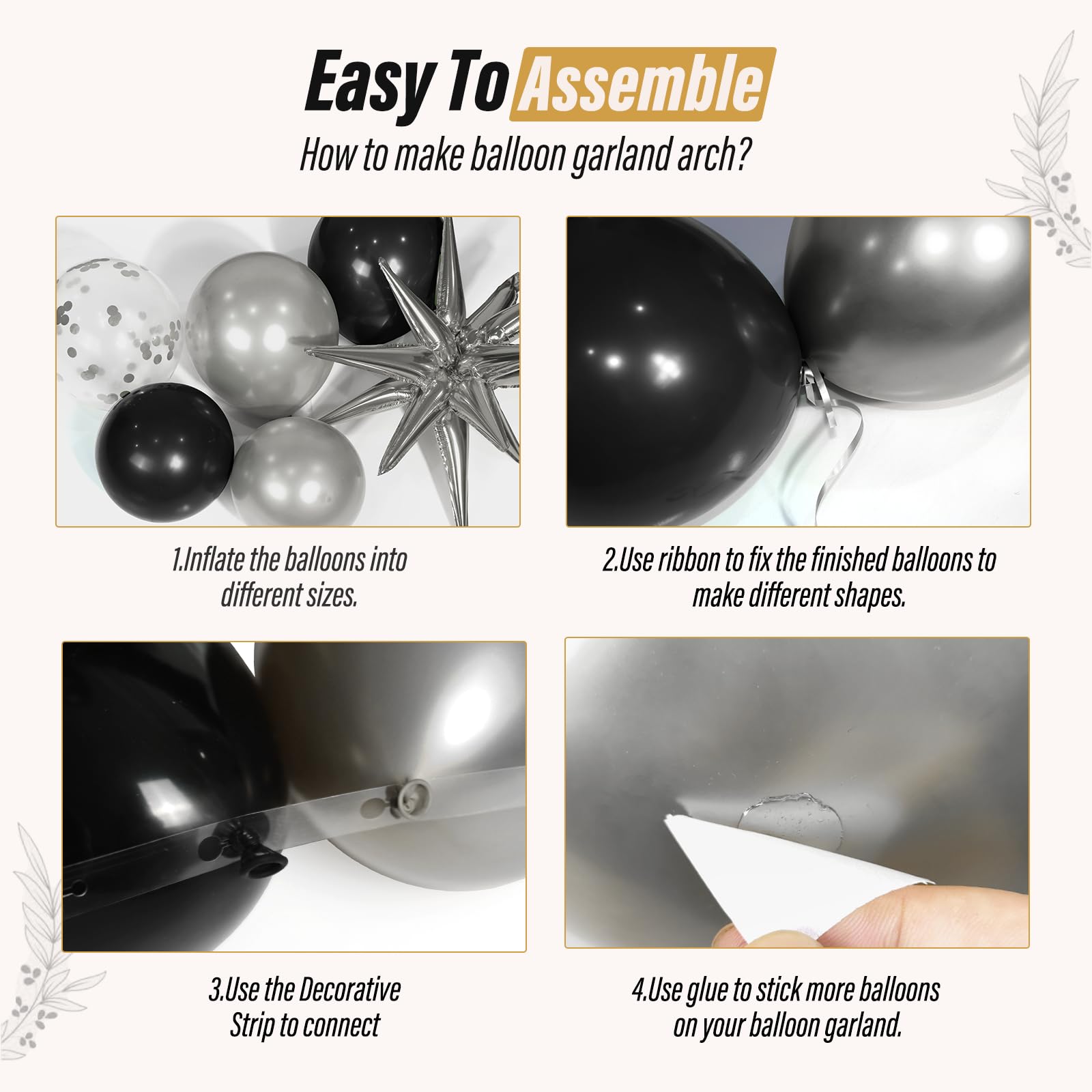 FOTIOMRG Black and Silver Balloons Garland Arch Kit with 3pcs Star