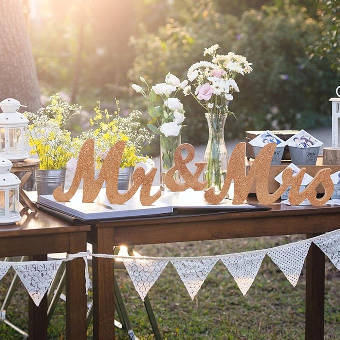 Mr & Mrs Wedding Sign Decorative Letters Rustic Elegant Rose Gold