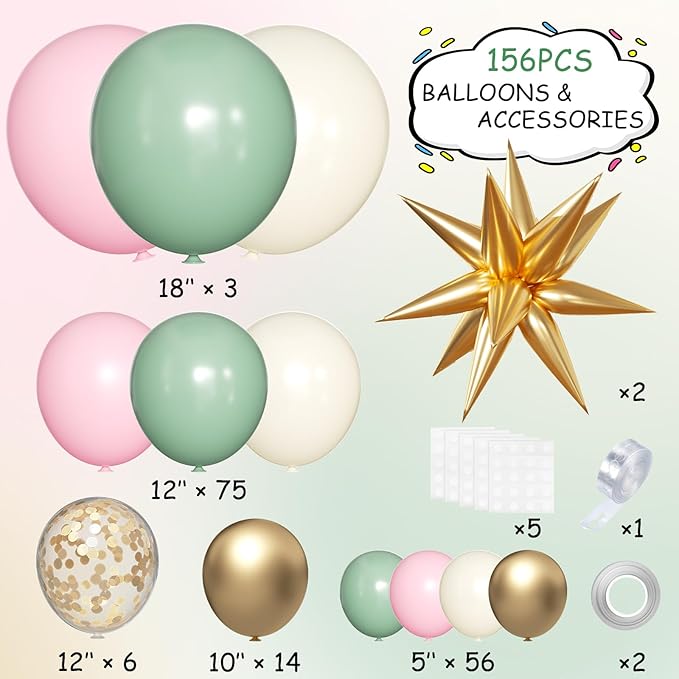 Sage Green Pink and Gold Balloon Arch Kit 156Pcs Blush Pastel Pink