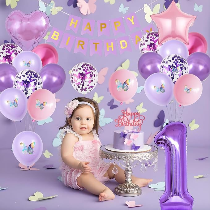 1st Birthday Decoration for Girls,Pink Purple 1st Birthday Balloon