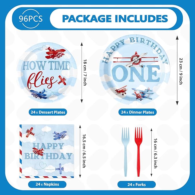 96Pcs Airplane 1st Birthday Decorations for Boys Red & Blue Airplane
