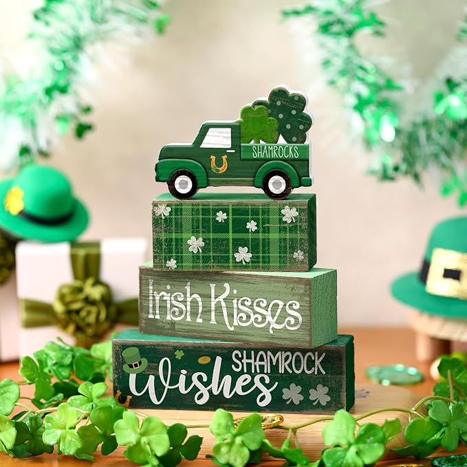 4 Pcs St Patrick's Day Table Decoration Wooden Shamrocks Truck St