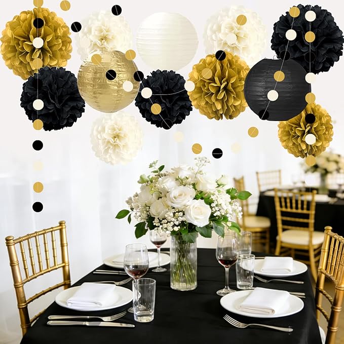 14PCS Black and Gold Party Decorations, Tissue Paper Pom Poms, Paper