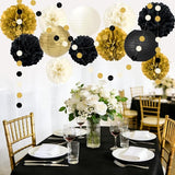 14PCS Black and Gold Party Decorations, Tissue Paper Pom Poms, Paper