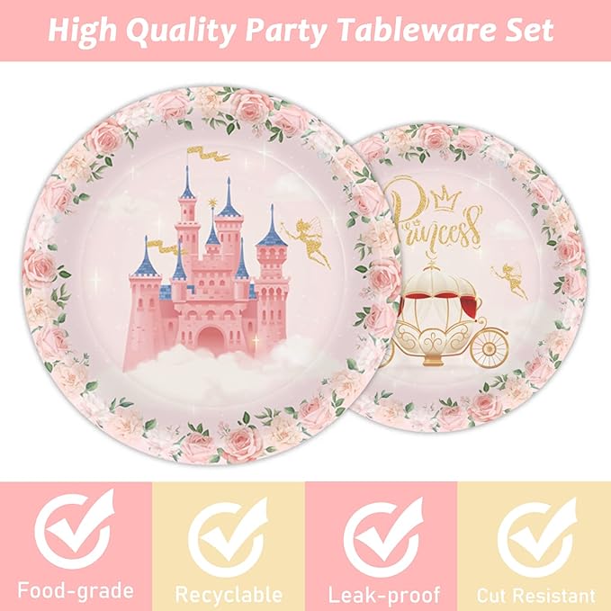 96 Pcs Princess Party Supplies Pink Floral Tableware Set With Plates
