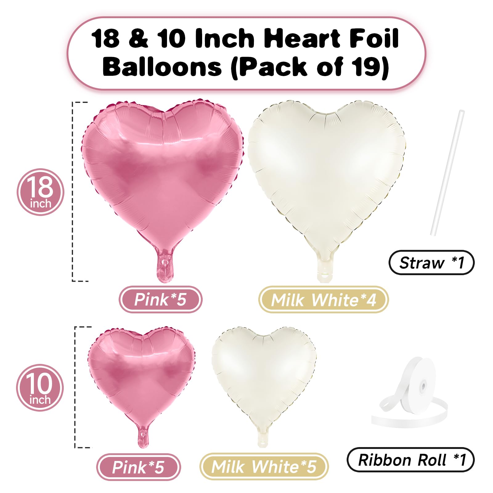 Pink White Heart Balloons, 19PCS Nude White and Pink Heart Shape