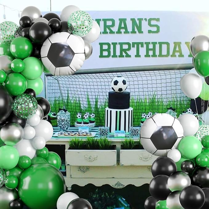 Soccer Party Balloon Garland Arch Kit Green Black White Metallic
