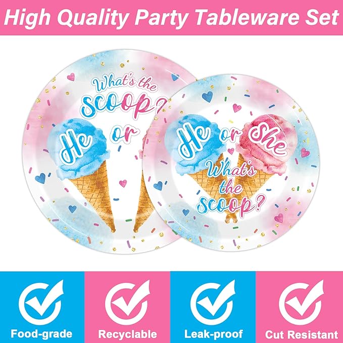 96PCS Ice Cream Gender Reveal Party Paper Tableware What's the Scoop