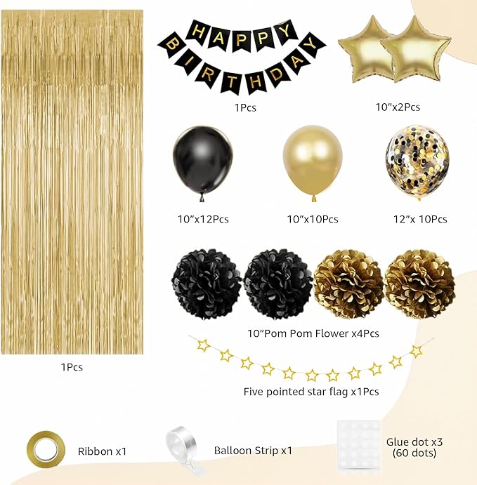 Birthday Decorations for Men Women, Gold and Black Party Decorations,