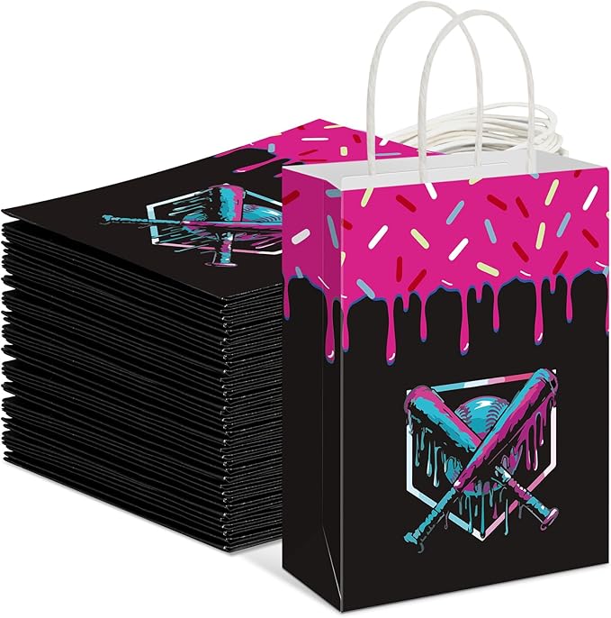Gilprop 24 Pcs Baseball Black Drip Ice Cream Gifts Bags with Handles