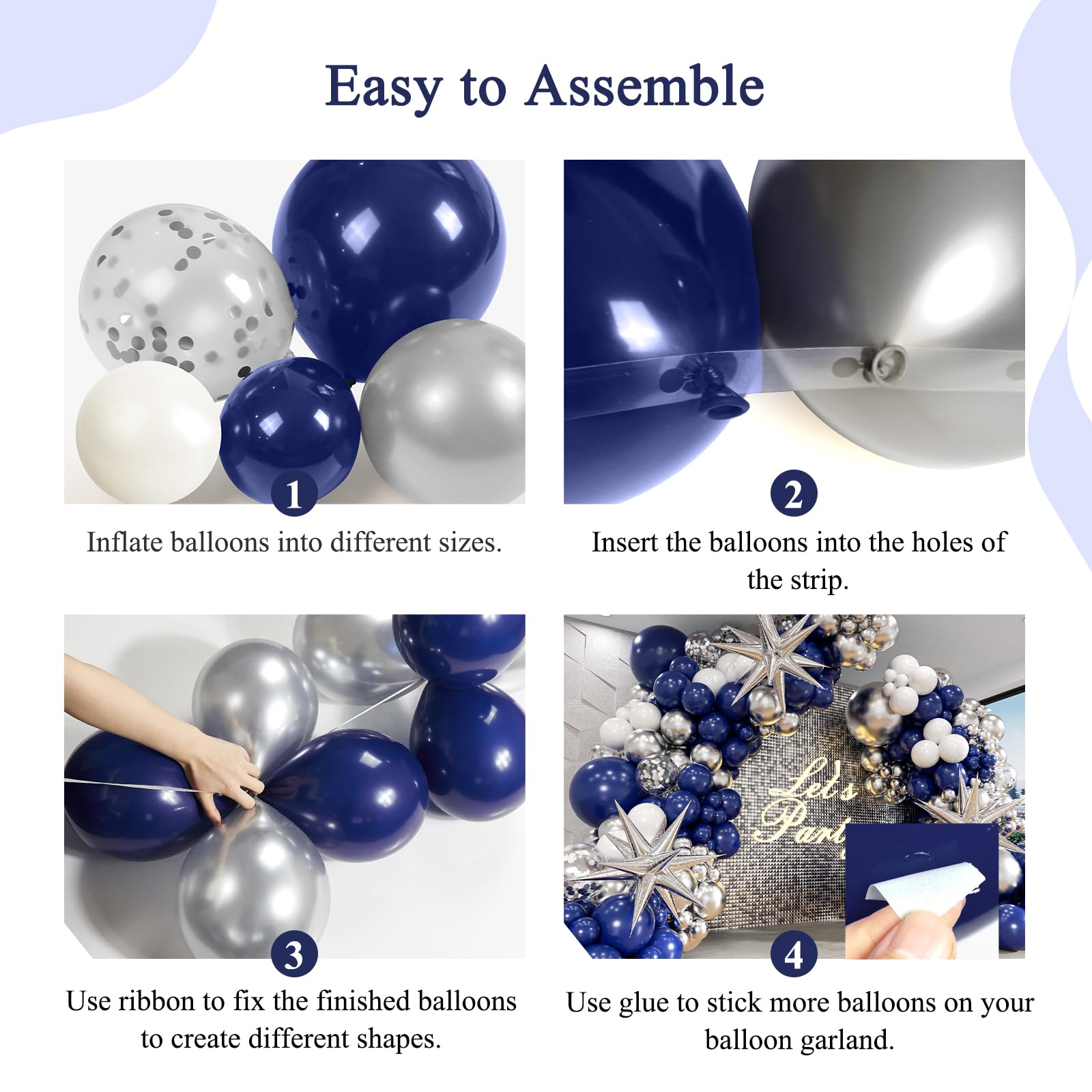 130pcs Navy Blue and Silver Balloon Garland Arch Kit with 3pcs Silver