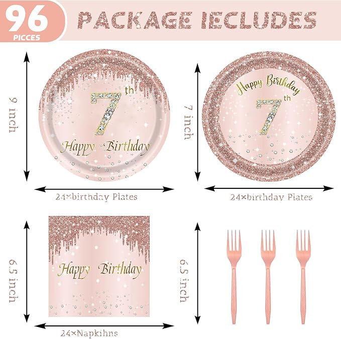 24 Sets 7th Rose Gold Birthday Party Decrations for Girls 7 Birthday