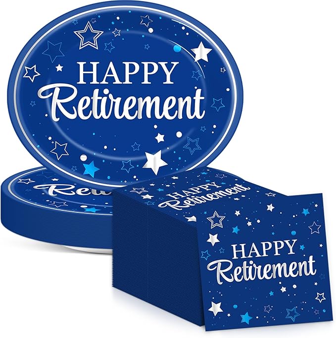 Happy Retirement Party Oval Paper Plates 11inch Blue Silver