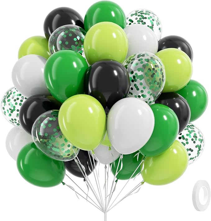 60pcs 12inch Green and Black Balloons, Black White Lime Green