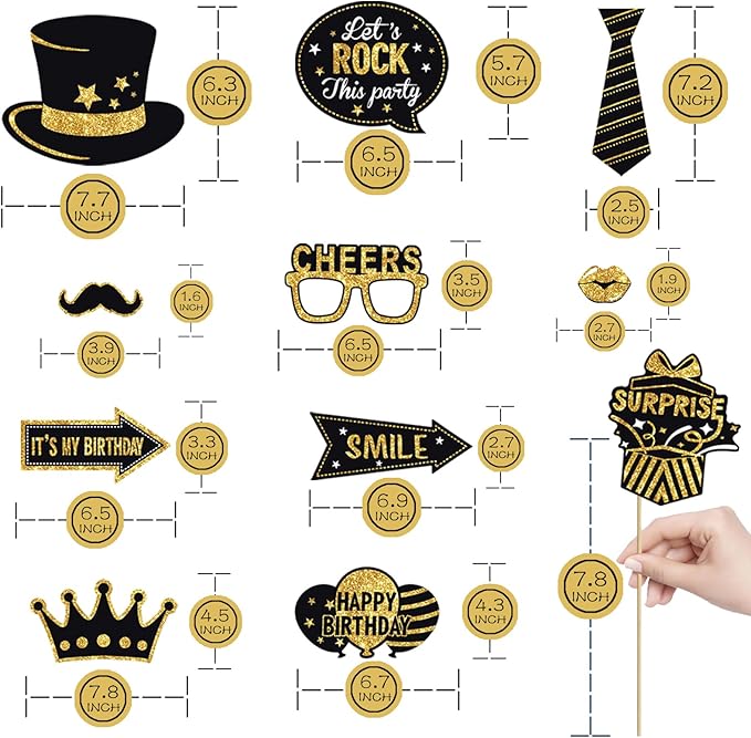 JOJO FLY 36 Pcs Birthday Photo Booth Props Kit, Black and Gold Party