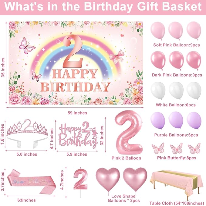 2nd Birthday Decorations for Girl 47pcs Pink Flower Rainbow Banner