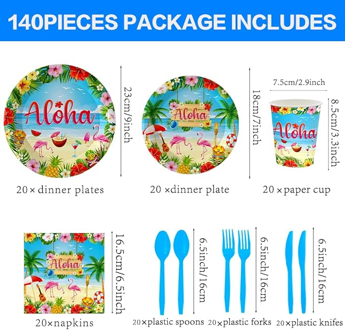 140Pcs Hawaiian Aloha Party Supplies Tableware Set Luau Tropical