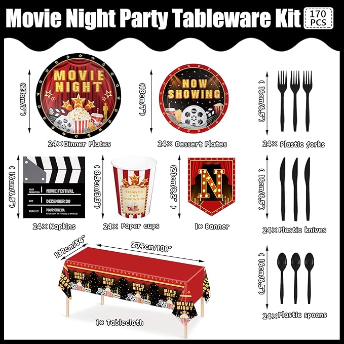 170pcs Movie Night Party Supplies Now Showing Paper Plates Napkins