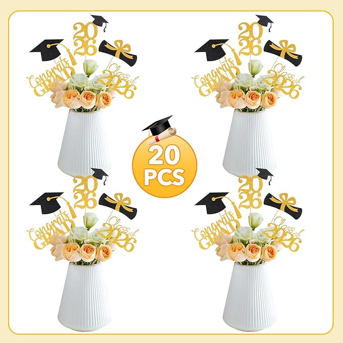 Graduation Decorations 2026, 20 PCS Sparkling Black and Gold