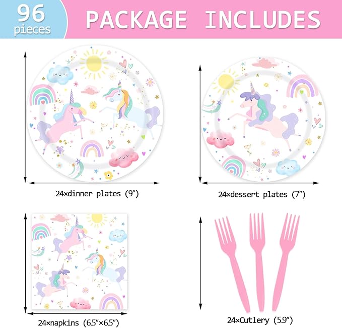 96 Piece Unicorn Party Supplies Set Magical Pastel Rainbow Tableware