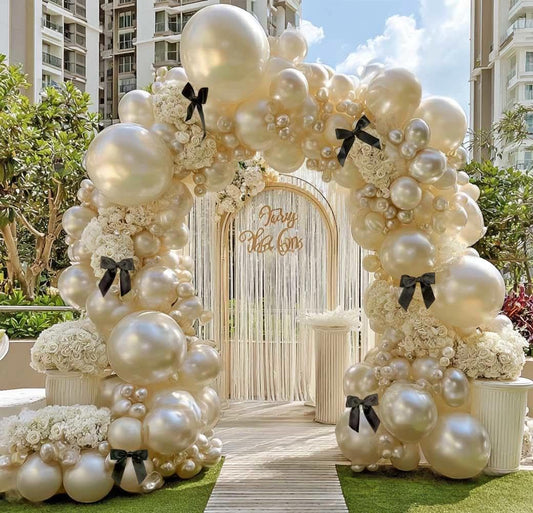 Pearl Sand White Balloon Arch Kit with Black Bow Double Stuffed Pearl