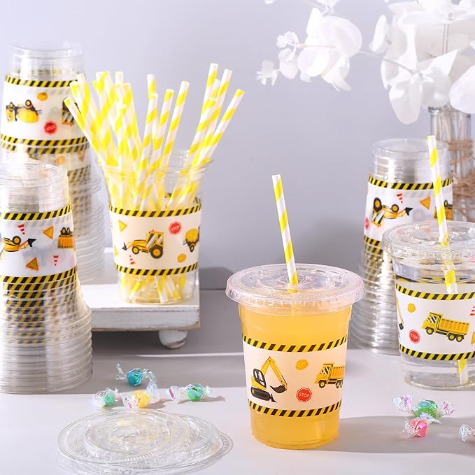 50 Sets Construction Theme Party Plastic Cups with Lids and Straws
