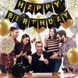 Happy Birthday Banner, Black Gold Birthday Decoration, 16 Pcs 12in