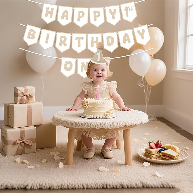 Beige Pre Strung Happy 1st Birthday Banner and One Birthday Hat for