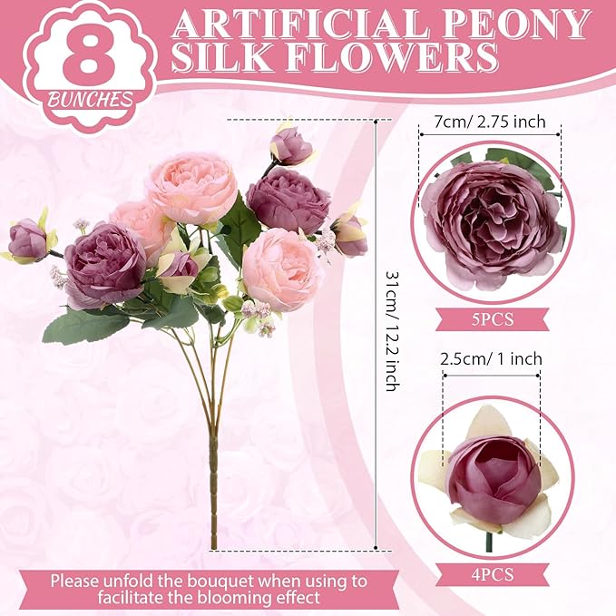 8 Bundles Artificial Peonies Flowers Boho Faux Flowers Arrangements #3