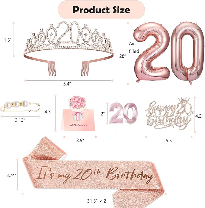 20th Birthday Decorations for Women Birthday Sash and Crown Cake