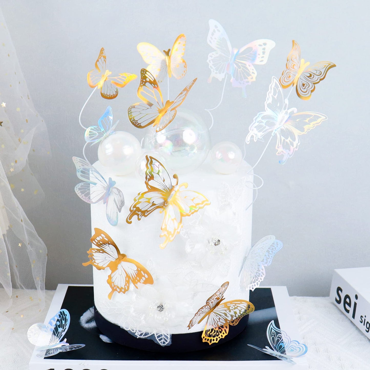 Ercadio 3d 36 Pack Butterfly Cake Toppers Gold and Laser Silver Pvc