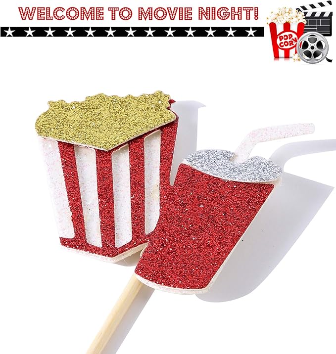 Movie Night Decorations Popcorn Star Foil Balloons Cupcake Toppers