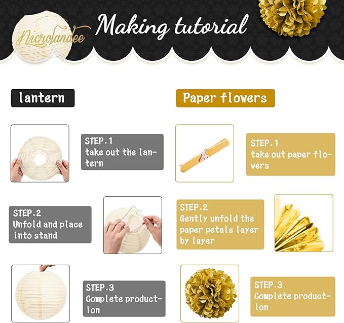 Black Gold Party Decorations 12PCS Paper Lantern Tissue Pom Poms