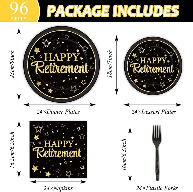 24 Guests Happy Retirement Party Supplies Black Gold Retirement