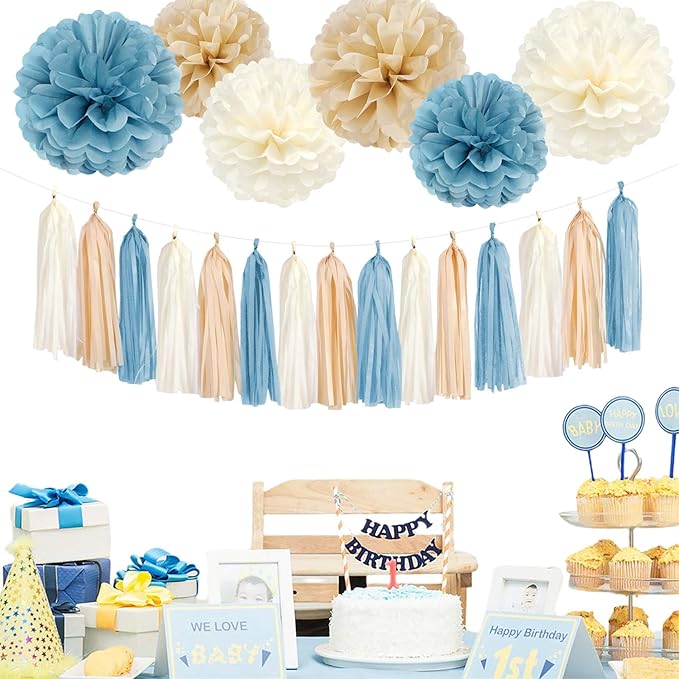 Light Dusty Blue Beige Champagne Boho Party Decorations 23pcs Baby