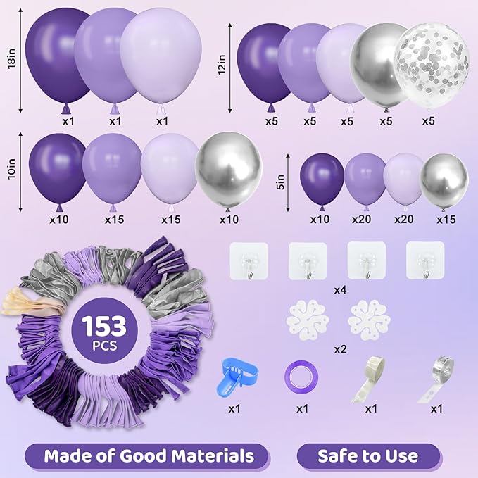 Amandir 153pcs Purple Balloon Garland Arch Kit, Different Sizes 18 12