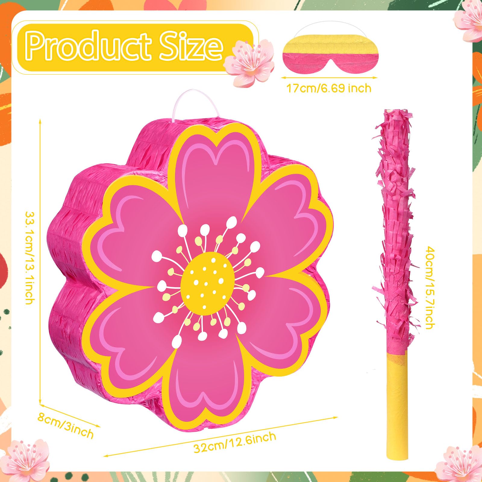 Aoriher Daisy Flower Piñata Set with Blindfold and Bat Pink Flower