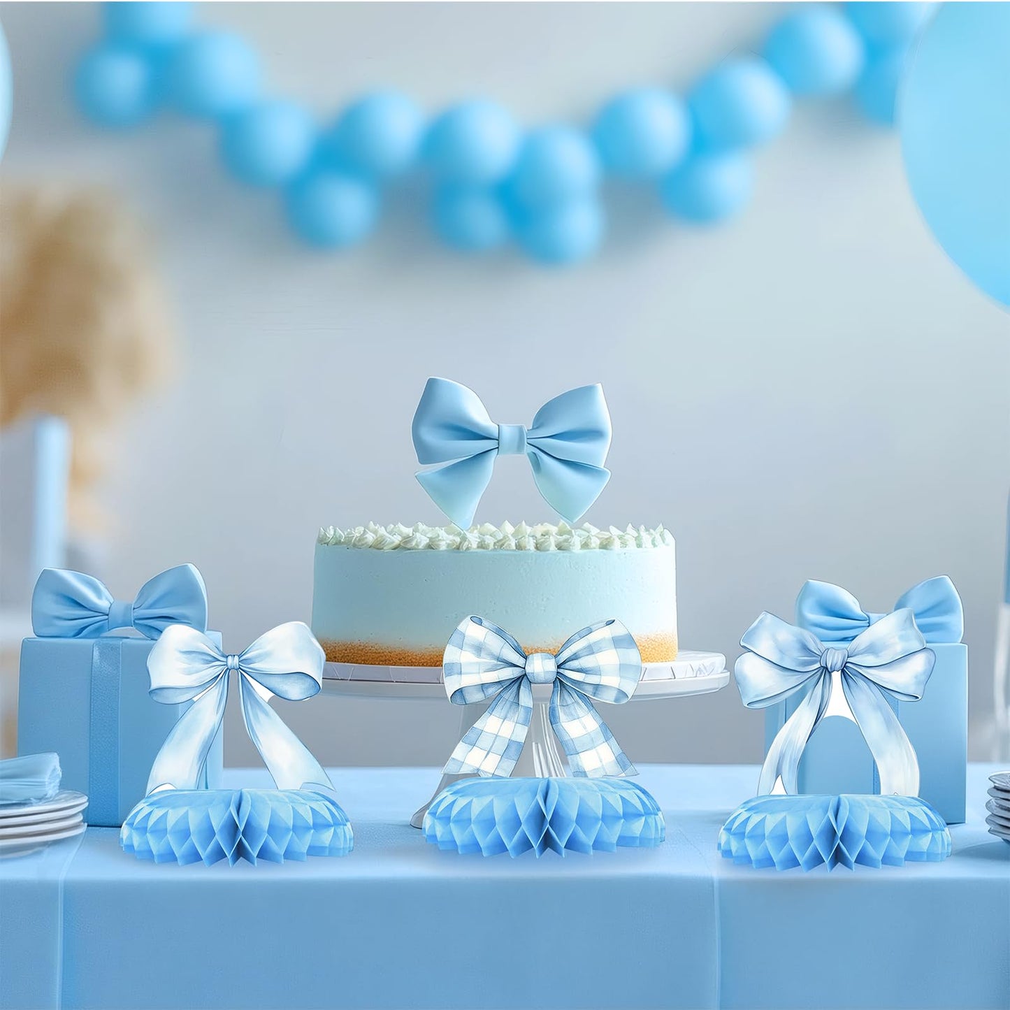 Blue Bow Baby Shower Centerpieces – 12PCS Coquette Honeycomb Table