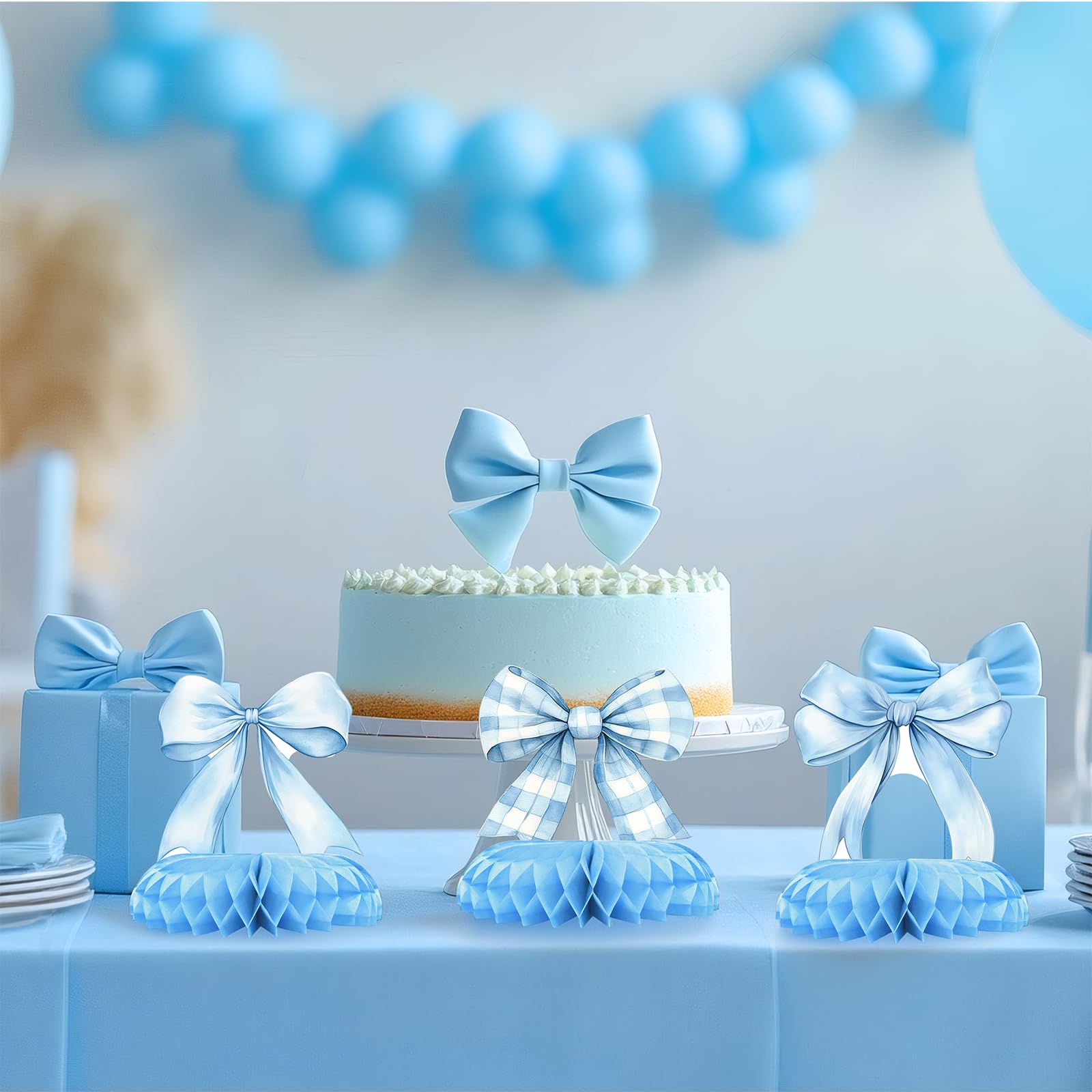 Blue Bow Baby Shower Centerpieces – 12PCS Coquette Honeycomb Table