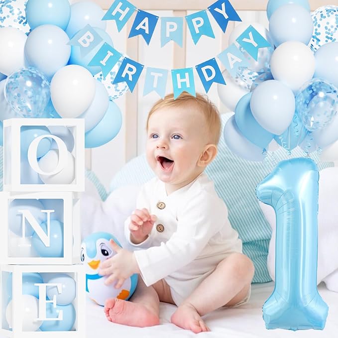 First Birthday Decorations for Boy, 40 Inch Blue Number 1 Balloons,
