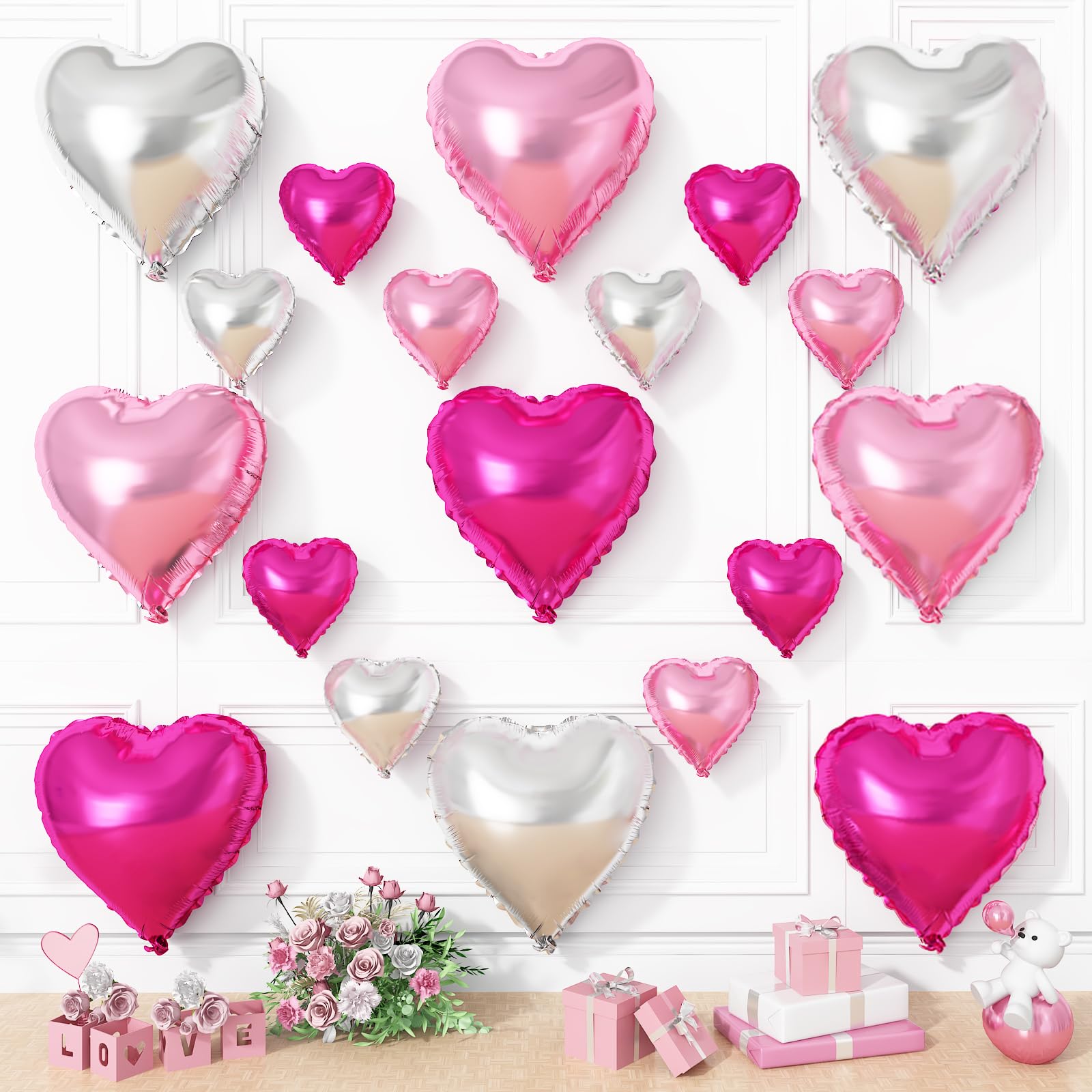 Hot Pink Silver Heart Balloons, 19PCS Light Pink Heart Shape Balloon