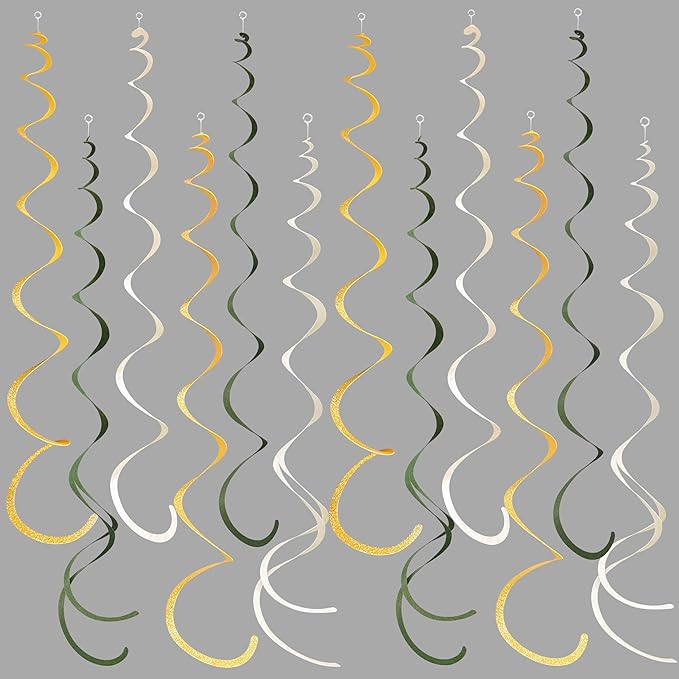 36Pcs Sage Green Gold Hanging Swirl Decorations Glitter Gold Olive